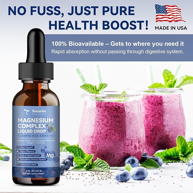Magnesium Glycinate Liquid Drop 21 in 1 Magnesium Complex with Vitamin D3,K2,B6 & B12 Plus L-Theanine Omega-3 Sea Moss Extract for Energy,Sleep,Joint,Heart Health Sugar Free Blueberry Flavor,2 Fl Oz