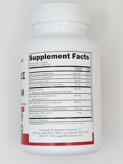 Clean Nutraceuticals COQ10 200mg Red Yeast Rice Omega 3 Magnesium Complex 500mg Niacin Zinc Vitamin K2 D3 - Heart Support Vitamins for Women & Men w/Vitamin B3, Coenzyme Q10-60 Ct