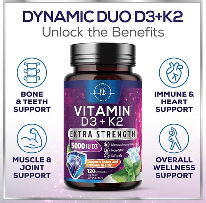Vitamin D3 K2 - High Potency 5000iu D3 (125mcg) & 100mcg K2 (MK7) for Calcium Absorption, Bone, Teeth, Heart & Immune Support, Easy to Swallow D & K Complex, Non-GMO & Gluten Free - 240 Softgels