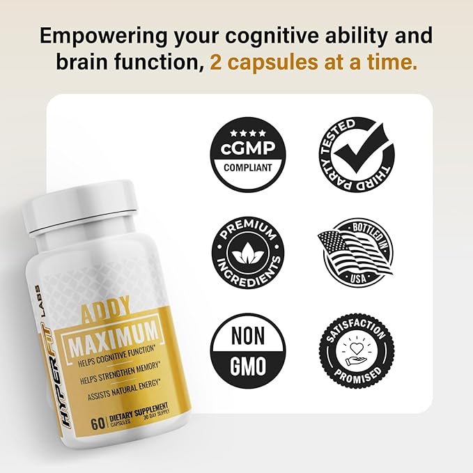 38 in 1 Brain Power | AddyMaximum | New Power Strength Nootropic Pills to Assist Focus, Memory, Energy, Brain Fog, Cognitive Health - Formulated for Adults (NOT an Adderall Alternative) - 60 Caps