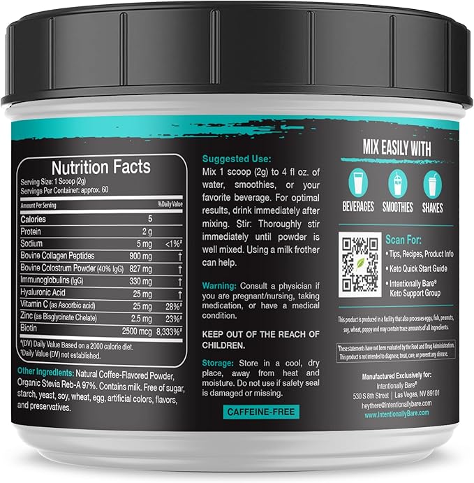 Intentionally Bare Colostrum and Collagen Powder - Colostrum Supplement with Biotin and Collagen Peptides - Colostrum Powder for Skin, Joint and Gut - Brewed Coffee Collagen Supplements 60 Servings