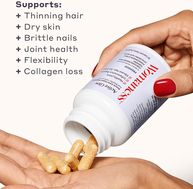 Womaness Active Glow Hair Skin & Nails Vitamins – Supplement for Women w/Biotin, Curcumin derived from Turmeric, Hyaluronic Acid – Vitamins for Hair Growth, Joint Health & Skin Hydration –30 Capsules