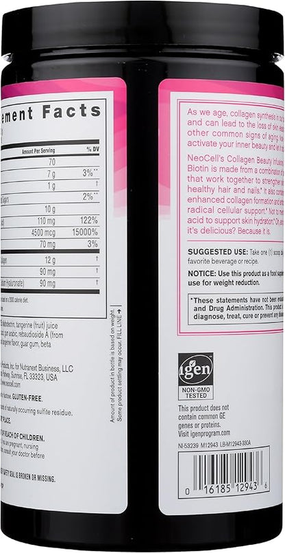 NeoCell Collagen Powder with Biotin, Vitamin C & Hyaluronic Acid, Collagen Type 1 & 3, Beauty Infusion Promotes Beautiful Skin, Healthy Hair & Nail, Gluten Free, Tangerine, 11.64 Oz