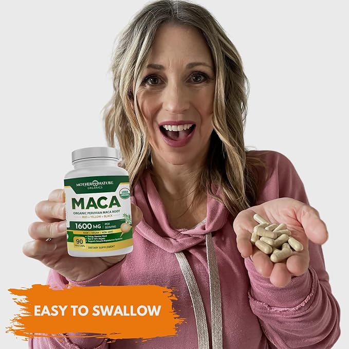 Mother Nature USDA Organic Maca Root Black + Red + Yellow Capsules Peruvian Maca for Men & Women 1600mg, Vegan Pills, Supports Mood, Hormonal Balance Reproduction & Energy (90ct)