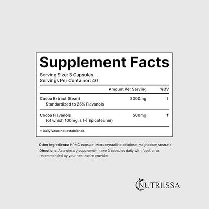 Nutriissa Cocoa Capsules 2000mg - Advanced Heart Health, Nitric Oxide & Circulation Support - 500mg Cocoa Flavanols per Serving - EPEB Certified for Purity & Potency - Vegan, 120 Capsules, 40 Servings