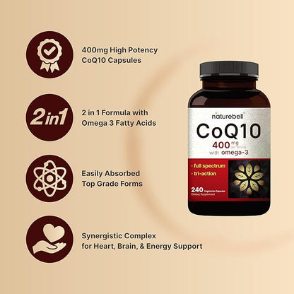 NatureBell CoQ10 400mg with Omega 3 Fatty Acids, 240 Capsules | Stable High Absorption Form – Antioxidant Support for Heart & Energy Health – Extra Strength Coenzyme Q10 Supplement