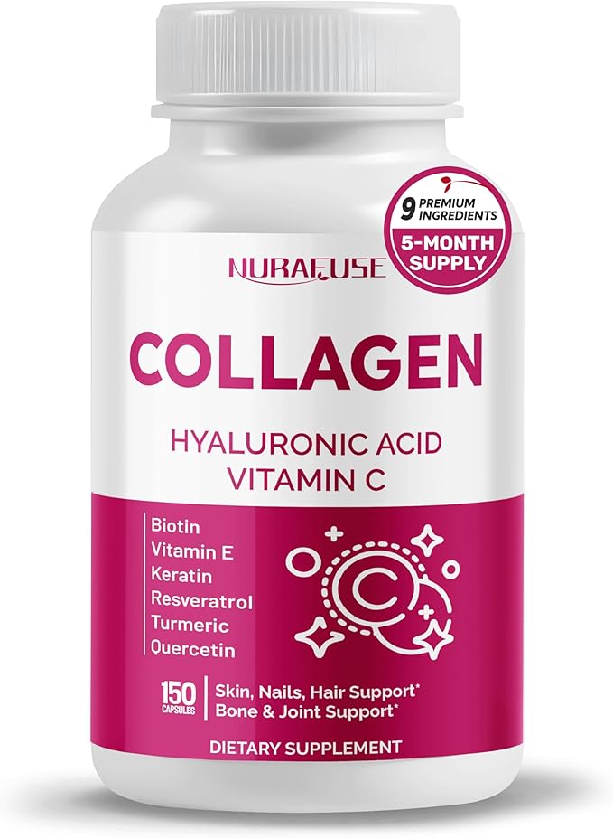 Collagen Peptides 15-in-1 Supplement with Vitamin C Vitamin E Keratin Hyaluronic Acid Omega 3 Resveratrol Turmeric Quercetin - Made in The USA