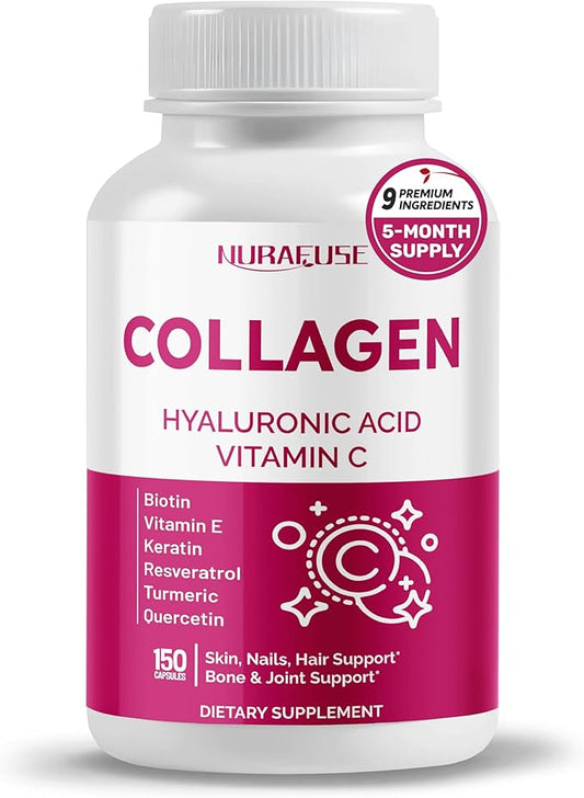 Collagen Peptides 15-in-1 Supplement with Vitamin C Vitamin E Keratin Hyaluronic Acid Omega 3 Resveratrol Turmeric Quercetin - Made in The USA