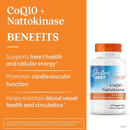 Doctor's BEST CoQ10 100 mg + Nattokinase 2,000FU, Supports Heart & Circulation Support, Non-GMO, Gluten Free, Vegan, 60 Veggie Caps