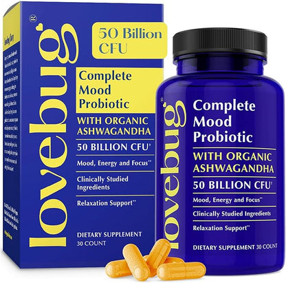 Lovebug Complete Mood Probiotic | Clinically Studied Probiotics & Patented Organic Ashwagandha for Cortisol & Serotonin Support | Supports Natural Energy | Adaptogenic Stress-Defense | 30 Count