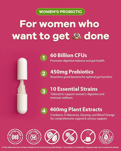 Probiotics for Women Digestive Health - 60 Billion Vaginal Probiotic Organic Prebiotics with Cranberry & D-Mannose for Gut, Urinary, Immune Health, Vegan & Non-GMO | 270 Capsules