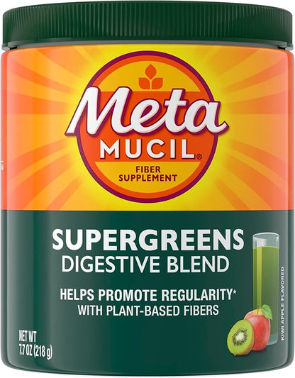 Metamucil Greens SuperFood Powder Fiber Supplement for Digestive Health* and Regularity*, Gluten Free Plant-Based Stevia, Great Taste Kiwi Apple Flavored, 3g Dietary Fiber per Serving, 42 Servings