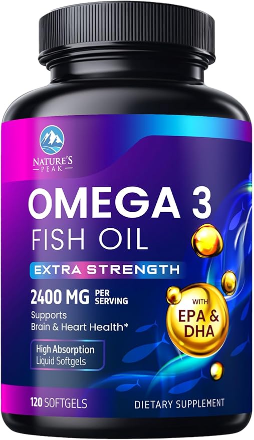 Omega 3 Fish Oil 2400 mg Supplement, Sustainably Sourced, Triple Strength Omega-3 Supplement Softgels, Brain Health Support, EPA & DHA Fish Oil Fatty Acids Supplements, Gluten & GMO Free, 120 Softgels