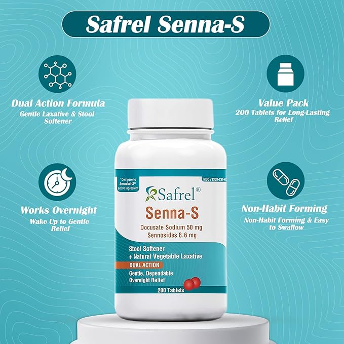 Safrel Senna-S (200 Tablets) Dual Action Natural Vegetable Laxative Stool Softener | Relieves Constipation, Gas, Bloating | Gentle on Stomach | Safe Digestive Support (Generic Senokot-S) | Value Pack