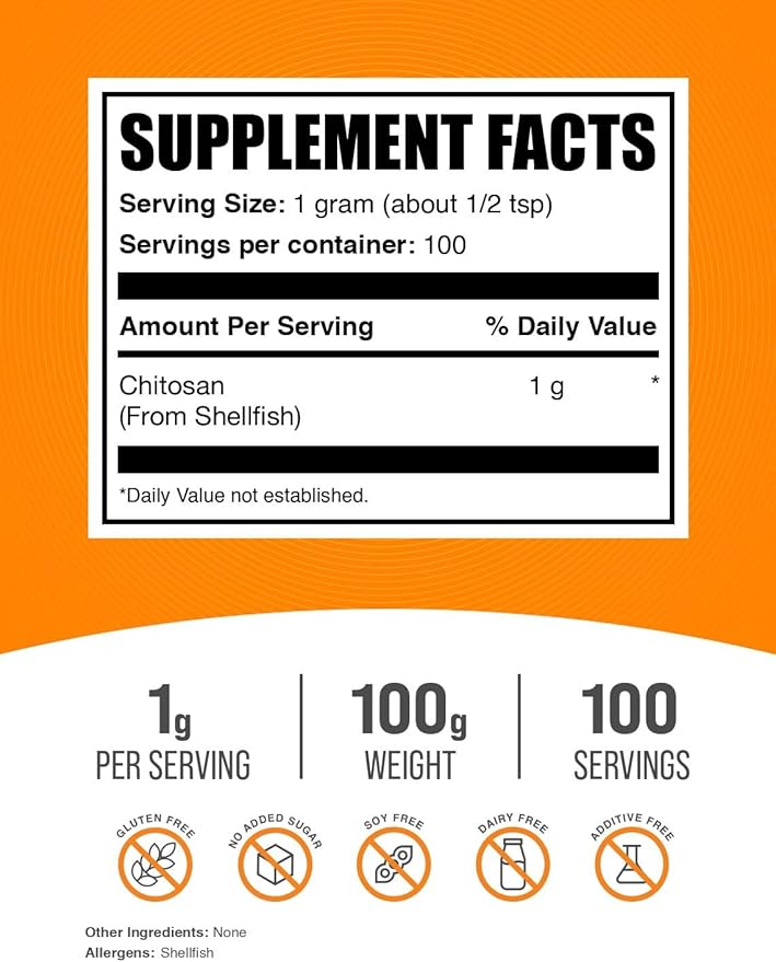BulkSupplements.com Chitosan Powder - Chitosan 1000mg Supplements - Food Grade & Gluten Free, 1g per Serving, 100g (3.5 oz) (Pack of 1)