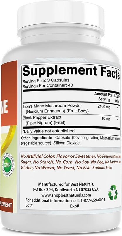 Best Naturals Lions Mane Mushroom Supplement 2100mg - 120 Capsules - Supports Mental Clarity, Focus & Immune Health - Added Black Pepper for Maximum Absorption