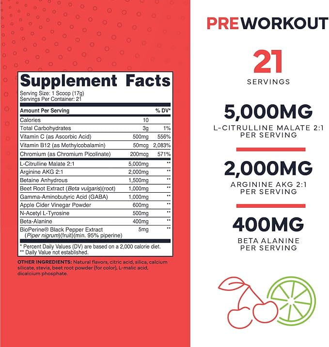 Type Zero Ultra Clean Stim Free Pump Pre Workout + Nitric Oxide Booster (Cherry Limeade) - Non Stimulating and Caffeine-Free for Men & Women