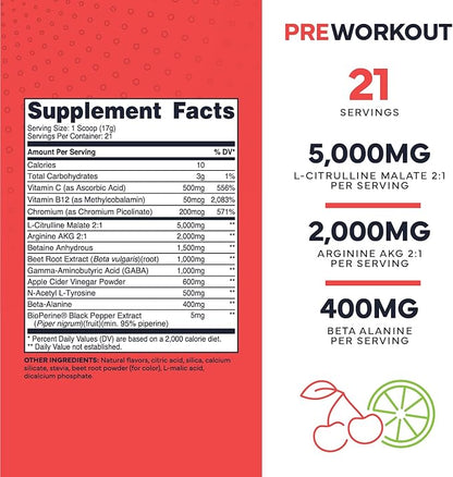 Type Zero Ultra Clean Stim Free Pump Pre Workout + Nitric Oxide Booster (Cherry Limeade) - Non Stimulating and Caffeine-Free for Men & Women