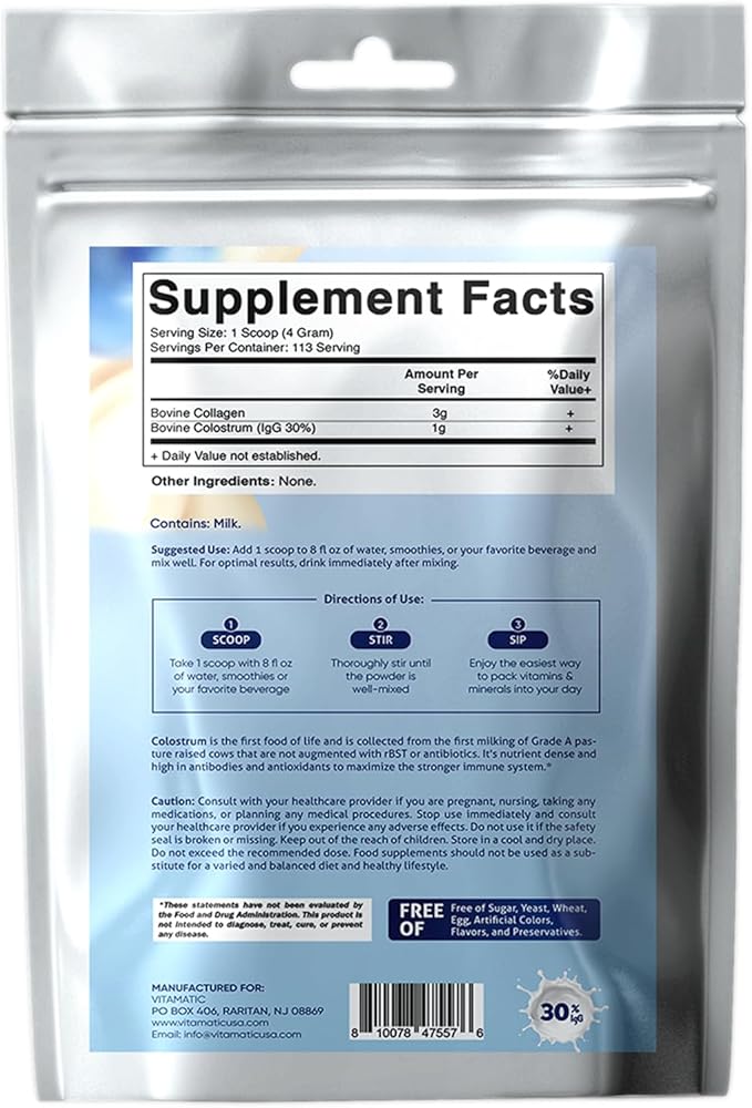 Vitamatic Bovine Colostrum + Collagen Powder - Supplement for Gut Health, Hair Growth, Beauty, Muscle Recovery, & Immune Support - Easy to Mix - Unflavored - 454 Gram, (16 oz)