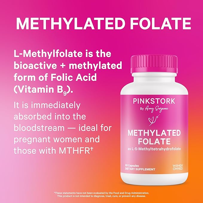 Pink Stork Folate: Methyl Folate - MTHFR Acid, Natural Form of Folic Acid for Pregnancy, Formulated for Mom + Baby, Women-Owned, 60 Capsules (Packaging May Vary)