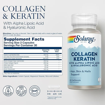 SOLARAY Collagen Keratin with Alpha Lipoic Acid and Hyaluronic Acid - Type I, II and III Collagen Pills - Hair, Skin, Nails, and Joint Health Support - 30 Servings, 60 Capsules