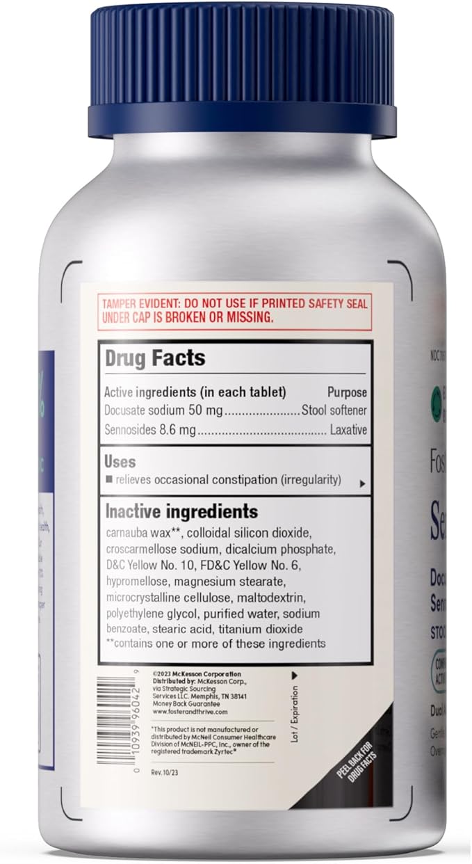 Foster & Thrive Sennosides 8.6 mg Docusate Sodium 50 mg Senna Laxative, Natural Vegetable Ingredients, Overnight Bowel Relief and Stool Softener for Constipation, Bloating, Comparable to Senokot