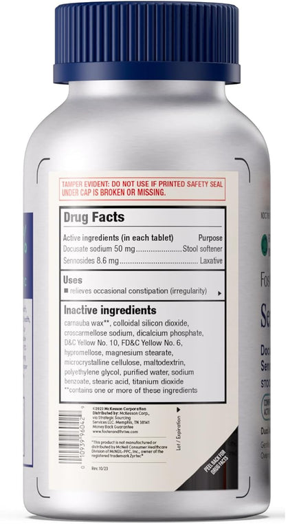 Foster & Thrive Sennosides 8.6 mg Docusate Sodium 50 mg Senna Laxative, Natural Vegetable Ingredients, Overnight Bowel Relief and Stool Softener for Constipation, Bloating, Comparable to Senokot