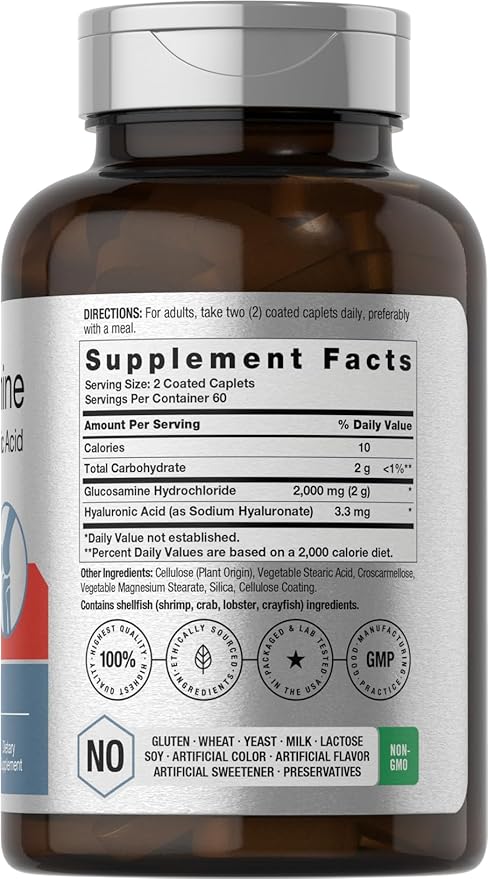 Horbäach Glucosamine HCL | with Hyaluronic Acid | 2000mg | 120 Coated Caplets | Non-GMO & Gluten Free Supplement
