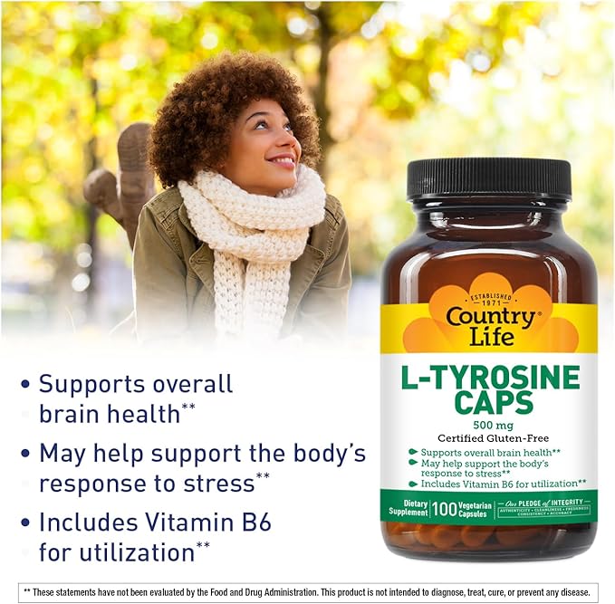 Country Life L-Tyrosine 500mg with Vitamin B6 Supplement - Certified Gluten-Free, Vegetarian, Kosher, Boosts Focus & Energy, Supports Brain Health, Enhances Mental Clarity, Non-GMO - 100 Capsules