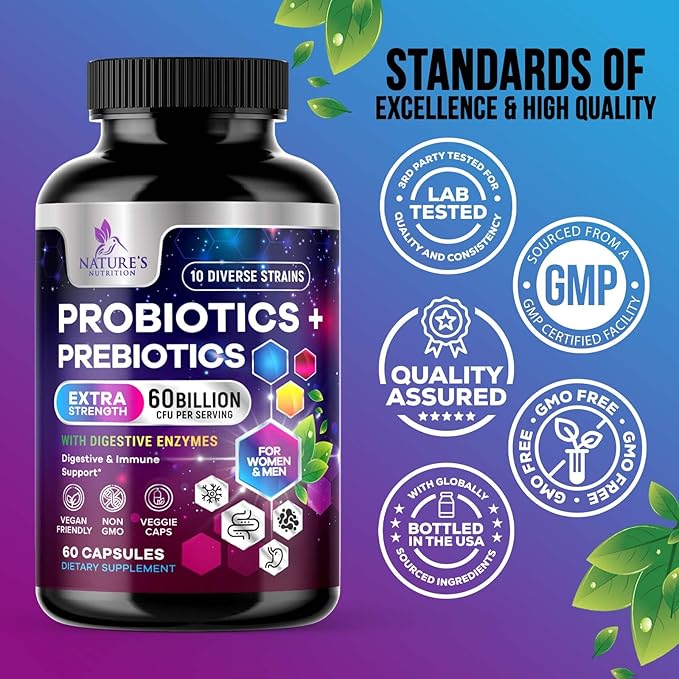 Daily Probiotic for Women & Men 60 Billion CFU 10 Strains Supplement Lactobacillus Probiotics - Digestive Gut & Immune Health Support - Supports Occasional Constipation, Gas & Bloating - 60 Capsules