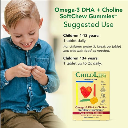 CHILDLIFE ESSENTIALS Omega-3 DHA + Choline SoftChew Gummies - for Kids, DHA for Kids, Omega 3 Gummies with Choline, Fish Oil for Babies, Toddlers & Children - Natural Passion Fruit, 27 Tablets