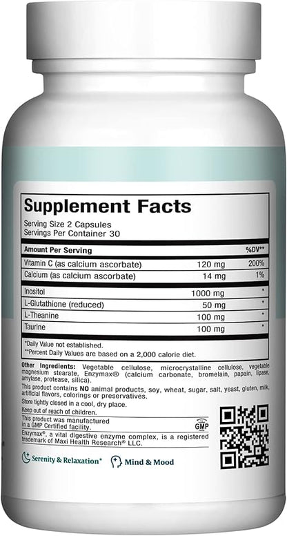 Maxi Health - Relax to The Max Stress Relief Formula (60 Count) Capsules with Vitamin C, Calcium, L-Theanine, L-Taurine & Amino Acids - All Natural Calming & Relaxation Supplements