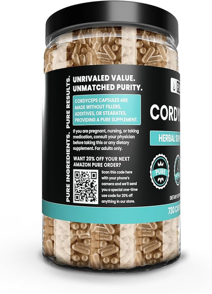 PURE ORIGINAL INGREDIENTS Cordyceps (730 Capsules) No Magnesium Or Rice Fillers, Always Pure, Lab Verified