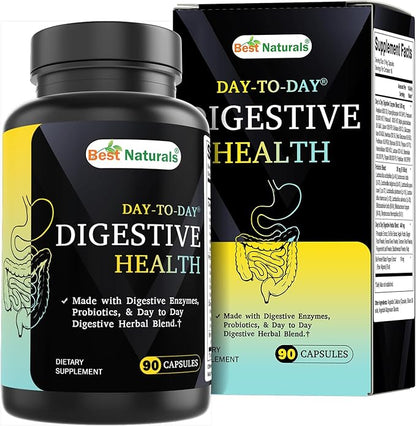 Best Naturals Day-to-Day Digestive Support 90 Veg Capsules - Made with Digestive Enzymes, Probiotics, & Herbal Blend - Made in The USA