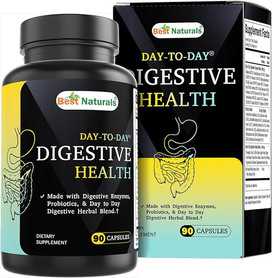 Best Naturals Day-to-Day Digestive Support 90 Veg Capsules - Made with Digestive Enzymes, Probiotics, & Herbal Blend - Made in The USA