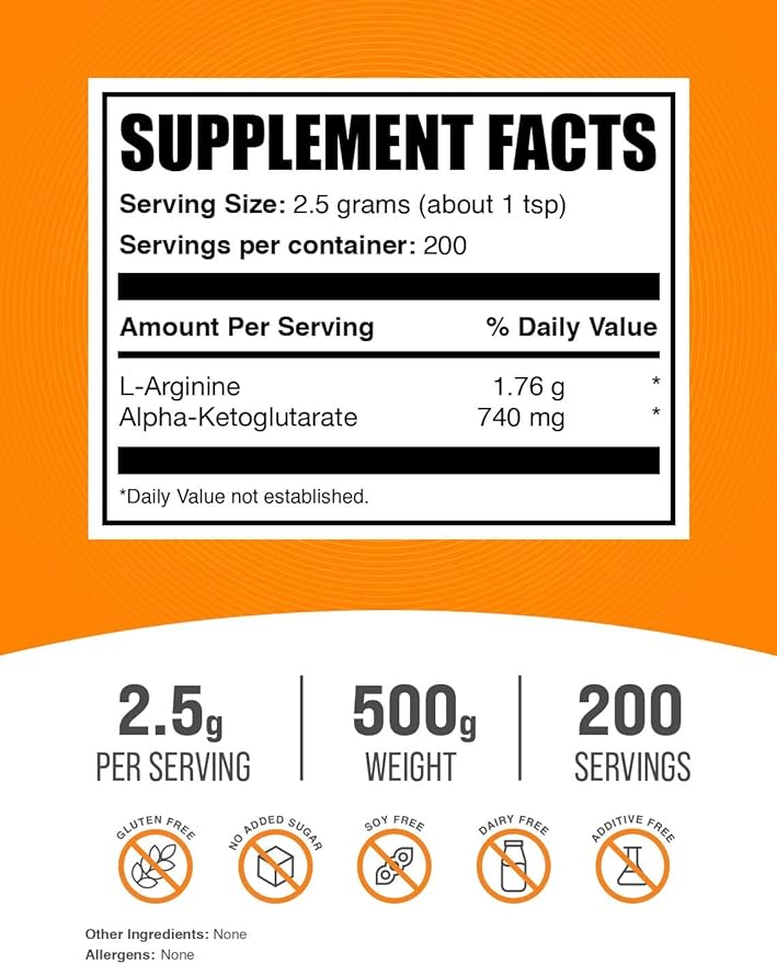 BulkSupplements.com AAKG Powder - Arginine AKG Supplement,Nitric Oxide Supplement - Unflavored & Gluten Free, 2.5g per Serving, 500g (1.1 lbs) (Pack of 1)