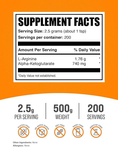 BulkSupplements.com AAKG Powder - Arginine AKG Supplement,Nitric Oxide Supplement - Unflavored & Gluten Free, 2.5g per Serving, 500g (1.1 lbs) (Pack of 1)