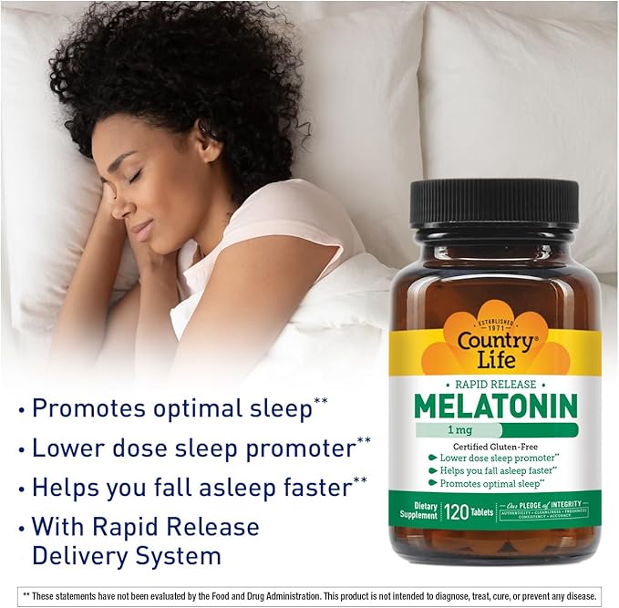Country Life Melatonin Sleep Aid 1mg - Non-GMO, Gluten-Free, Vegan - Rapid-Release, Fast Dissolve Tablets for Optimal Sleep - No Yeast, Corn, Wheat, Soy - Pure, Authentic Ingredients