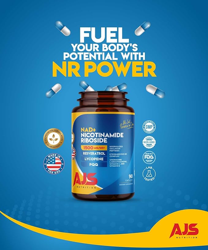 AJS NAD+ Cellular Energy – NR Supplement with PQQ, Resveratrol, Lycopene, Spermidine, L-Ergothioneine, and Collagen Peptides – 90 Capsules for Cellular Support & Skin Health