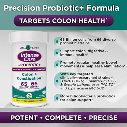 Vital Planet - Intense Care Colon & Constipation Probiotics Plus Organic Prebiotics, Postbiotics, Parabiotics, Complete 4-in-1 Health Supplement for Adults, 65 Billion CFU, 66 Strains, 30 ct