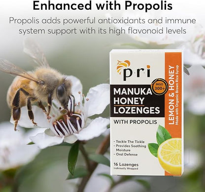 P.R.I Manuka Honey Lozenges with Propolis, Soothing Cough and Throat Drops, MGO 300+ Certified, (Lemon, 16 Count)