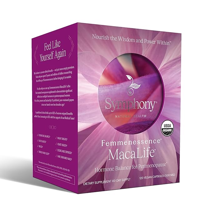 Femmenessence MacaLife – Clinically Proven for Perimenopause, Women’s Natural Hormone Balance Supplements, Relief of Hot Flashes, Mood Swings, Dryness, 120 Organic Maca Root Capsules, 60-Day Supply