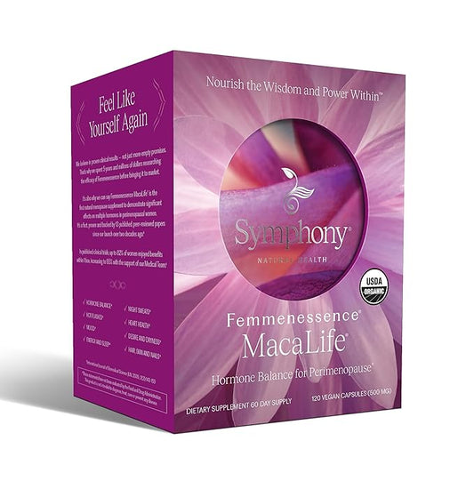 Femmenessence MacaLife – Clinically Proven for Perimenopause, Women’s Natural Hormone Balance Supplements, Relief of Hot Flashes, Mood Swings, Dryness, 120 Organic Maca Root Capsules, 60-Day Supply