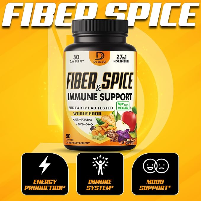 27in1 Fiber and Spice Supplement - Combined with Organic Psyllium, Whole Apple, Elderberry & More - Support Mood, Body & Immunity - 90 Capsules for 1 Month