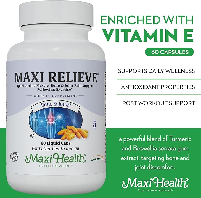 Maxi Health Relieve Joint Support Supplement with Turmeric and Boswellia Serrata, Quick-Acting Support After Exercise, Vegetarian Non-GMO Bone & Joint Health Supplement for Men & Women, 60 Capsules