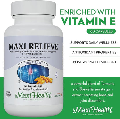 Maxi Health Relieve Joint Support Supplement with Turmeric and Boswellia Serrata, Quick-Acting Support After Exercise, Vegetarian Non-GMO Bone & Joint Health Supplement for Men & Women, 60 Capsules