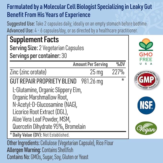 Leaky Gut Repair Supplement - Glutamine, Slippery Elm, Quercetin, Licorice Root. Supports IBS, Heartburn, Bloating, Gas, Constipation, SIBO, Energy Levels, 120CT