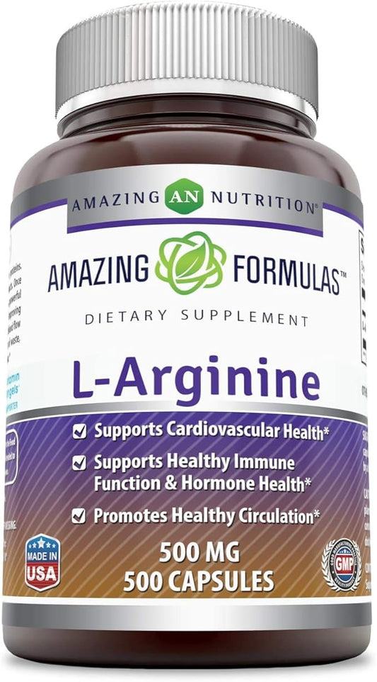 Amazing Formulas L-Arginine Supplement | 500 Mg Per Serving | Capsules | Amino Acid Supplement for Men & Women | Non-GMO | Gluten Free | Made in USA (500 Count)