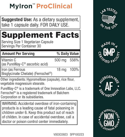 MyIron ProClinical by Purity Products - Iron (Ferrous Bisglycinate Chelelate) + Vitamin C (PureWay-C) - Gentle on The Stomach - Controlled Absorption - Promotes Healthy Red Blood Cells - 30 Count (1)