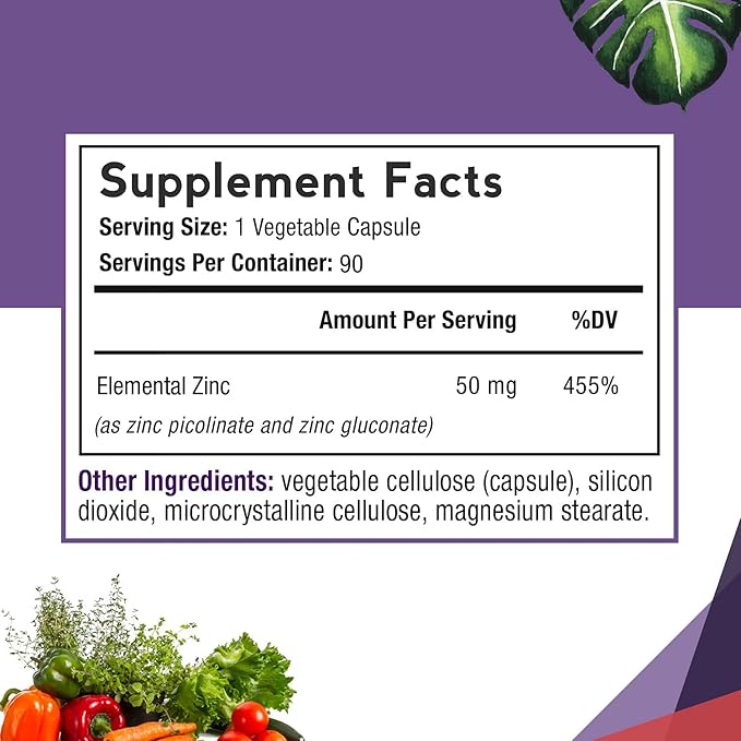 Doctor’s Recipes Zinc Capsules 50 mg from Highly Absorbable Zinc Picolinate & Gluconate, Supports Natural Immune Defense, DNA & Protein Formation, Cell Growth, Non-GMO No Dairy 90 Veggie Caps